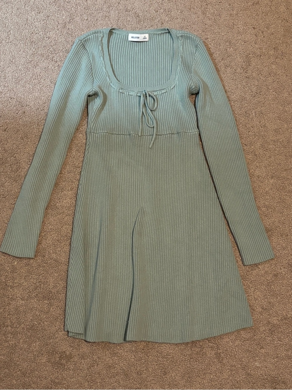 Hollister Sage Ribbed Tie-Front Long-Sleeve Dress